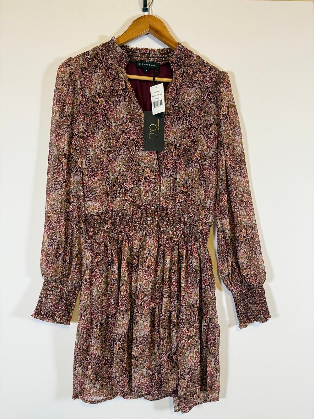 Gibsonlook Floral Dress Womens M NWT Burgundy Lurex Smocked Waist